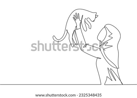 Continuous one line drawing of young beauty Arabian woman holding her cute cat. Woman pet owner plays with little cat. Happy woman holding cute kitty. Caring animals. Single line draw design vector