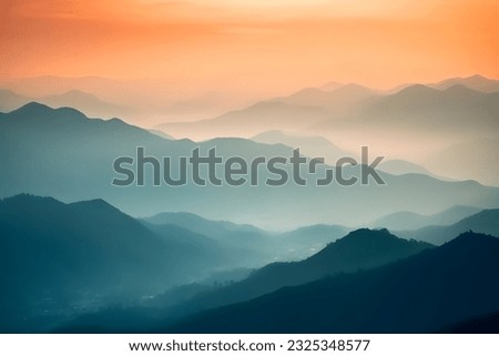 Amazing nature scenery, mountains under morning mist Royalty-Free Stock Photo #2325348577