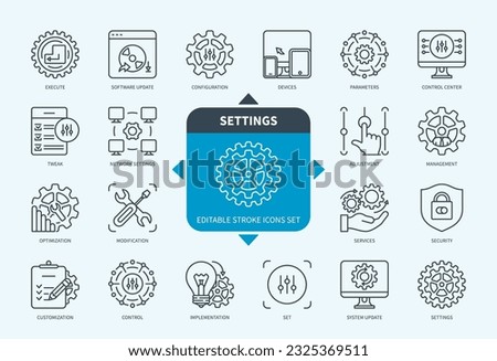 Editable line Settings outline icon set. Configuration, Adjustment, Tweak, Parameters, Software Update, Control, Security, Modification, devices. Editable stroke icons EPS Royalty-Free Stock Photo #2325369511