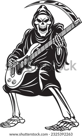 Grim reaper playing on a electric scythe guitar
