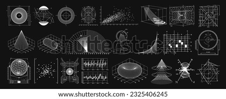 Wireframe of geometric shapes. 3D retro futuristic blueprints of spheres, waves, diagram, graphs. Vector set of graphics for design