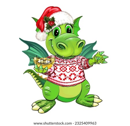 Funny Dragon with a gold ingot, symbol of 2024, Merry Christmas and Happy New Year greeting card, isolated image on a white background
