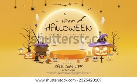 Halloween sales promotion poster featuring realistic 3D Halloween pumpkins, ghosts, skulls, trees, and bats. The background template for the website or banner design is in a cute style.