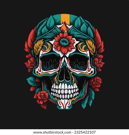 Vintage colorful skull face art design in vector illustration. Colorful gothic skull