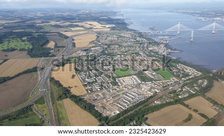Aerial view of Scottish town at Forth river