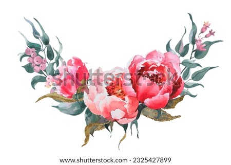 Pink flowers peonies watercolor and eucaliptus leaves, floral clip art. Bouquet perfectly for printing design on invitations, cards, wall art and other. Isolated on white background