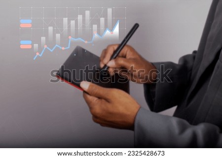 Businessman photo showing a thriving, profitable, virtual hologram stock investment	