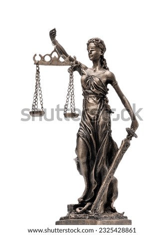 Statue of Lady Justice isolated on white. Symbol of fair treatment under law Royalty-Free Stock Photo #2325428861