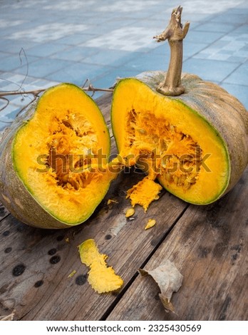Close up shot of Pumpkin with vine stump in two halves with exposed internal pulp. India