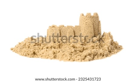 Pile of sand with beautiful castle isolated on white. Outdoor play Royalty-Free Stock Photo #2325431723