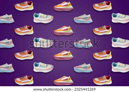 Collage of bright stylish sneakers on purple background, different views
