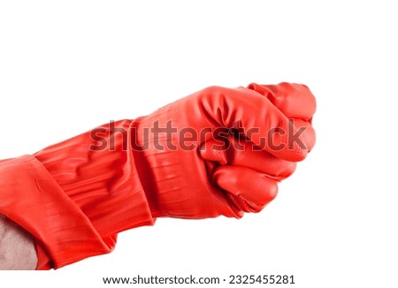 Hand in red rubber glove isolated on white, clipping