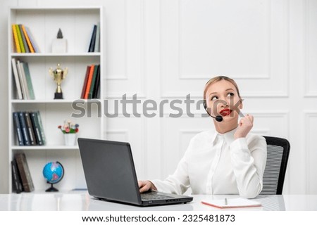 customer service cute blonde girl office shirt with headset and computer looking up and smiling