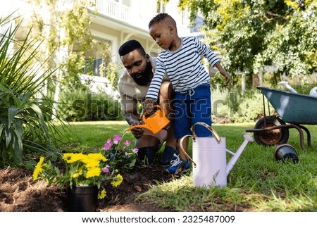 African american father with son watering flower pots and plants in yard. Unaltered, family, togetherness, love, childhood, gardening, organic, care, weekend and nature concept. Royalty-Free Stock Photo #2325487009