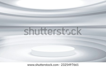 White studio empty room with pedestal podium for mock up product. Gray geometric platform with horizontal lines design backdrop. Luxury scene for display products vector. Royalty-Free Stock Photo #2325497661