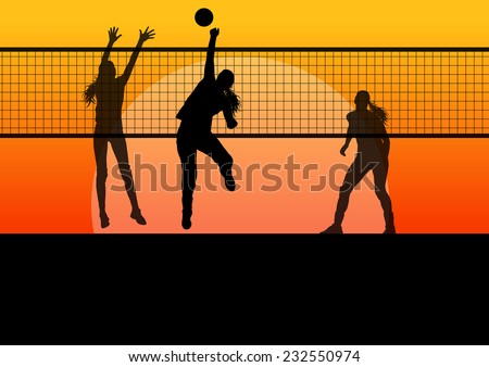 Beach volleyball woman player vector sunset background concept