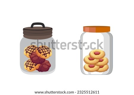 Best Cookie Jar Set Vector Illustration. Flat Clip Art Illustration Vector Set Of Jars With Different Objects. Canned Vegetables, Fish And Grass, Cookies And Candies, Colorful Premium Design.