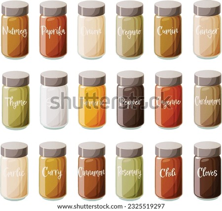 Cute vector illustration of various kinds of herbs and spices in glass jars with a metal lid. Royalty-Free Stock Photo #2325519297