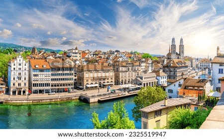 Aerial sunset panorama on the downtown of Zurich, Switzerland Royalty-Free Stock Photo #2325519947