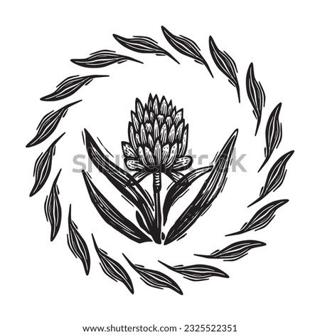 Linotype floral frame whimsical vector illustration. Handmade design of quirky foliage graphic.
