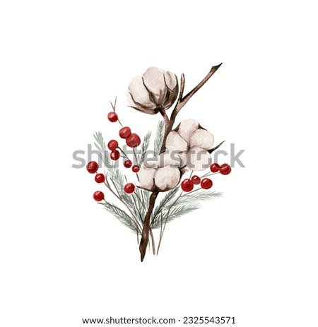 Cotton branches and red berries composition . Hand drawn illustration. Perfect for scrapbooking, kids design, wedding invitation, posters, greetings cards, party decoration.