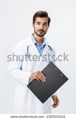 Man doctor in white coat with stethoscope and folder for notes and patient records smile and good test results look into camera on white isolated background, copy space, space for text, health