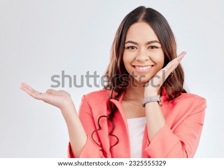 Fashion, portrait or hand of happy woman for sale, retail product offer or discount deal in studio. Option, customer or girl showing mockup space or menu choice promotion isolated on white background