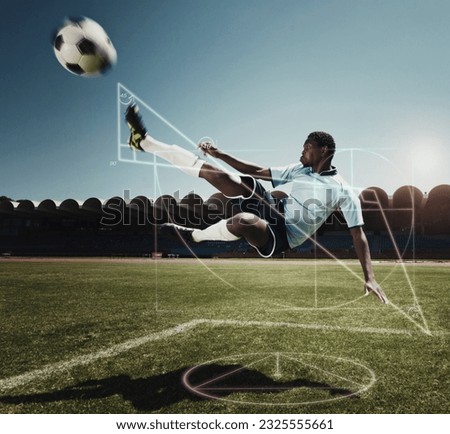 Jumping man, soccer and graph on sports field with glowing, hologram and ai generated effect for kicking action. African athlete, kick and football player with ball, chart and graphic analysis