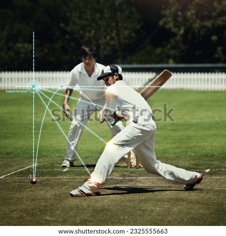 Boy, cricket or body injury on sports field with glowing, red and ai generated effect from batting action. Kid, child or batting athlete with stress, graph hologram or muscle pain from wicket mistake