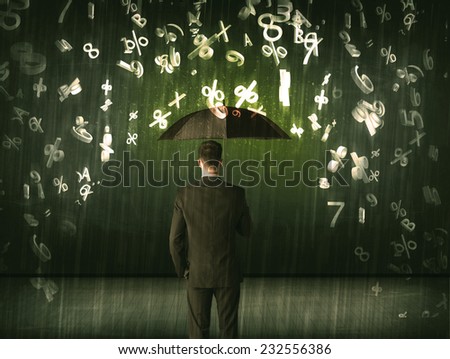 Businessman standing with umbrella and 3d numbers raining concept on background