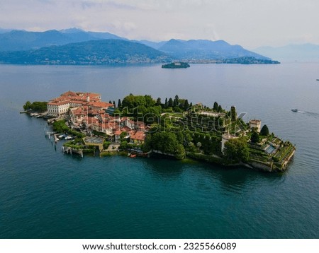 Aerial view of Isola Bella drone panoramic view. Isola Bella is one of the Borromean Islands of Lago Maggiore in north Italy, near Stresa and Arona. Borromean Islands, Lake Maggiore, Piedmont, Europe.