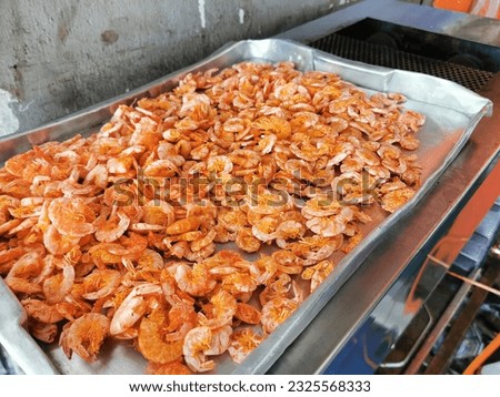 Dried shrimp,dried shrimp or dried salted prawn background, seafood background,Cooked shrimps. Copy space,selective focus.