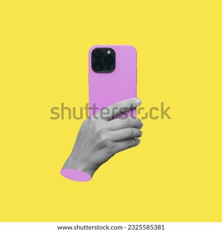 Purple mobile phone with photo camera in female statue's hand taking picture isolated on yellow background. Mockup of smartphone. 3d trendy collage in magazine style. Contemporary art. Modern design
