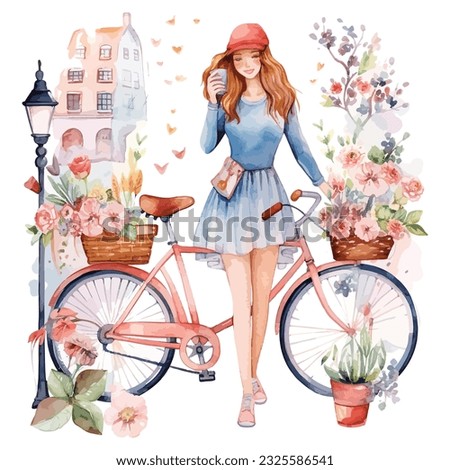 Cute girl with bicycle flower watercolor paint