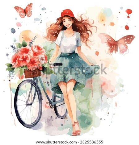 Cute girl with bicycle flower watercolor paint