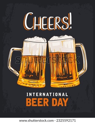 International Beer Day vector clip art, banner, poster with lettering cheers. Beer mugs vector art illustration