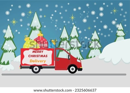 Car Santa claus with gifts, christmas toy. Red truck delivery Christmas and new year holiday. Text Christmas delivery - copy space on white cloud shape, forest pine trees with snow snowflakes, vector