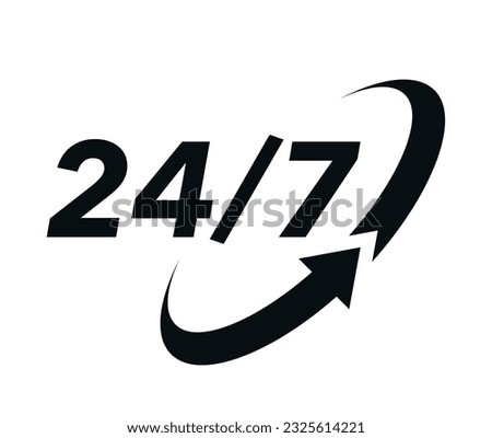 24 7 icon. The 24 hour service is open 24 hours a day, 7 days a week. Simple illustration of 24-7 elements, can be used in logo, ui and web design. 24-7 service concept. Vector illustration. Royalty-Free Stock Photo #2325614221