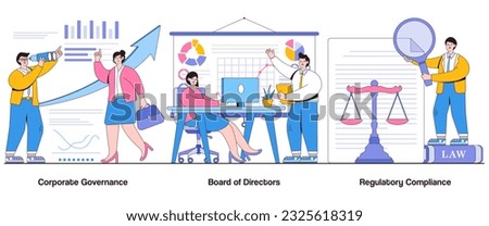 Corporate Governance, Board of Directors, Regulatory Compliance Concept with Character. Corporate Responsibility Abstract Vector Illustration Set. Ethical Practices, Transparency, Legal Framework.