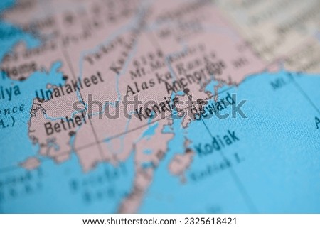 Kenai on political map of globe, travel concept, selective focus, background