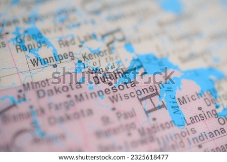 Duluth on political map of globe, travel concept, selective focus, background