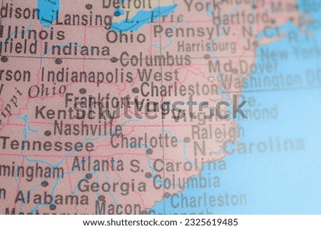 Virginia state on political map of globe, travel concept, selective focus, background