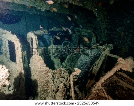 WWII truck inside the ship wreck of the SS Thistlegorm in the Red Sea, Egypt.  Underwater photography and travel. Royalty-Free Stock Photo #2325633549