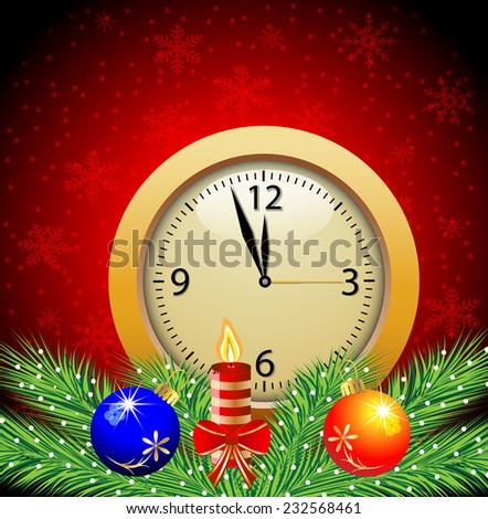 festive postal with a clock, candle and green branches with toys,vector illustration