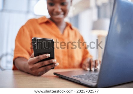 Phone, laptop or happy black woman on social media networking, chatting or texting a message. Business news, surf web or editor typing, copywriting or checking email online on digital mobile app