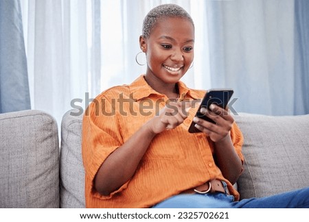 Home, phone or happy black woman on social media connected to internet with website notification. News, digital or African girl online typing or texting on networking mobile app to search content Royalty-Free Stock Photo #2325702621