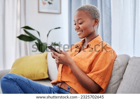 House, phone or happy black woman on social media connected to internet with website notification. News, digital or African girl online typing or texting on networking mobile app to search content Royalty-Free Stock Photo #2325702645