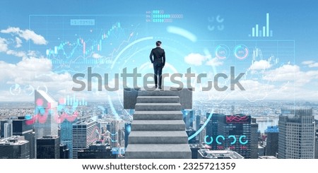 Businessman back view with New York skyline, climbing on arrow. Forex diagrams and big business data analysis and statistics. Concept of business growth, gainings and profit