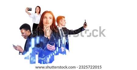 Business teamwork, people working together with smartphone, mobile video conference, double exposure forex candlesticks and trading on empty background. Concept of meeting and financial analysis