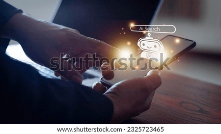 Ai search, Businessman holding hologram digital chatbot, robot application, conversation assistant, AI Artificial Intelligence concept, digital chatbot on virtual screen.